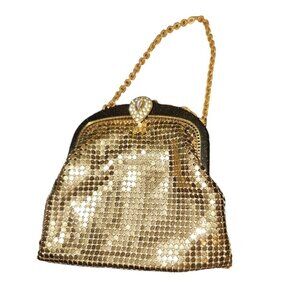 Vtg Whiting And Davis Mesh Bag Gold Coin Purse Flapper 20s Antique 4" Rhinestone